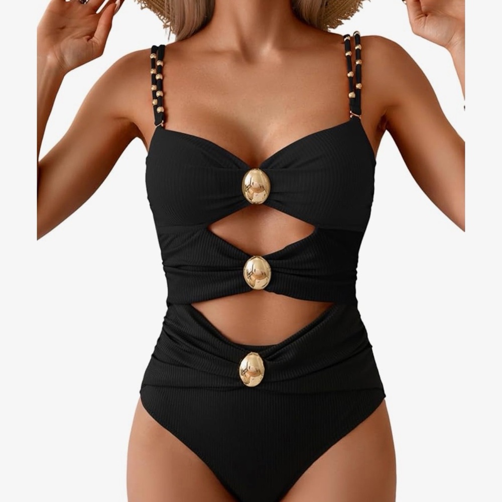Black One-Piece Cutout Swimsuit with Gold Accent Buttons